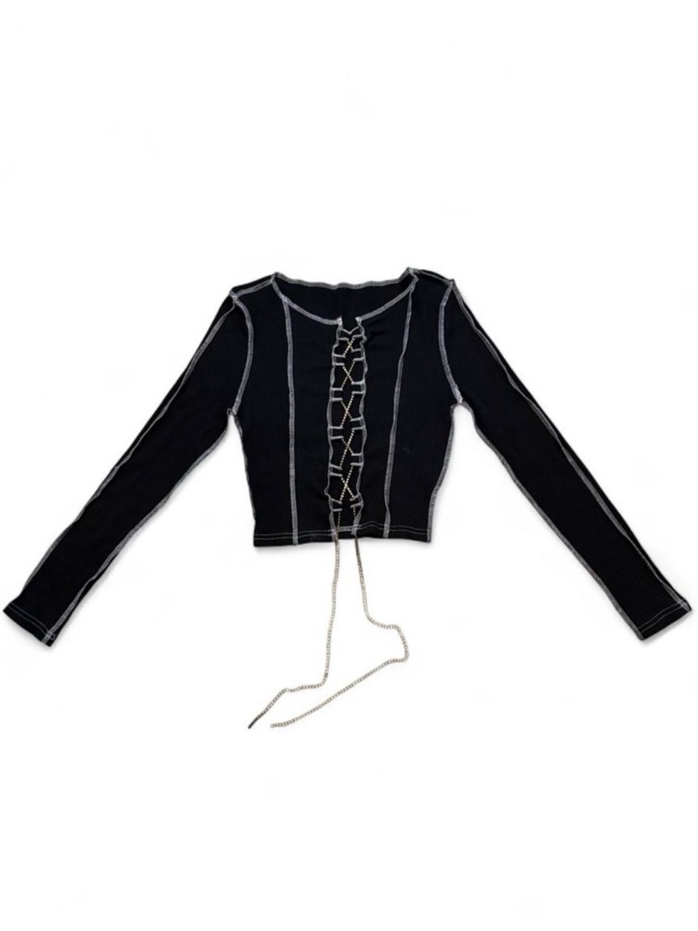 Black Long Sleeve Crop Top With Silver Rhinestone Lace Up Detail